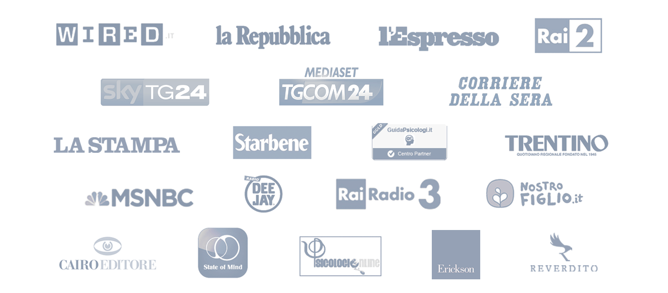 Loghi delle testate che hanno ospitato gli interventi di Michele Facci: Wired, la Repubblica, l'Espresso, Rai 2, Sky TG24, TGcom24, Corriere della Sera, La Stampa, Starbene, Trentino, MSNBC, Radio Deejay, Rai Radio 3 e altre.